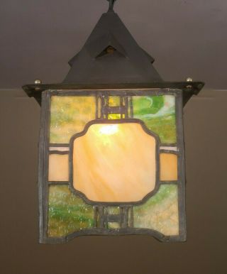 OUTSTANDING True Arts and Crafts Stained Glass Porch Light Fixture Witches Hat 4