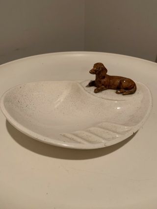 Vtg Mid Century Ceramic Ashtray W/ Dog Figurine Dachshund
