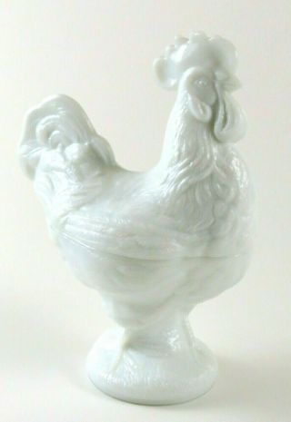 Vintage White Milk Glass Footed Rooster Bowl / Candy Dish With Lid