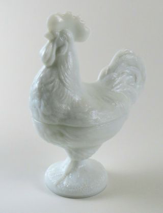 Vintage White Milk Glass Footed Rooster Bowl / Candy Dish With Lid 3