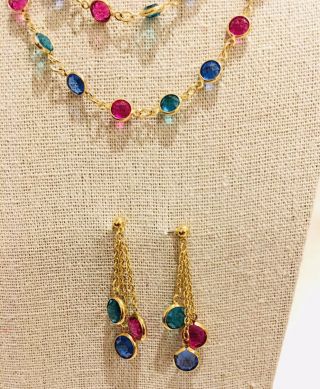 Vintage Authentic Swarovski Swan Logo Bezel Crystal Necklace Earrings Pink Blue