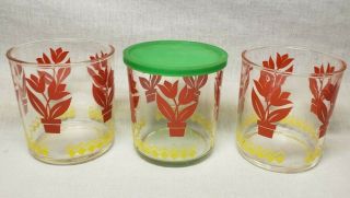 3 Vintage Hazel Atlas Red Tulip Glass Sour Cream Cottage Cheese Jars