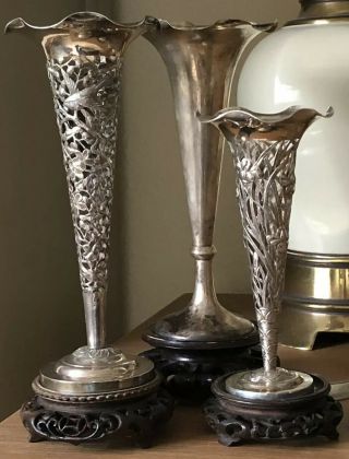 Chinese Export Silver Vases (3) With Stands 329.  3 Grams