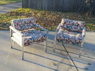 Milo Baughman Style Mid Century Modern Chrome Flatbar Lounge Chairs Pair 2