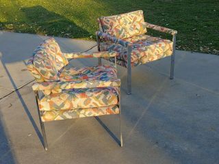 Milo Baughman Style Mid Century Modern Chrome Flatbar Lounge Chairs Pair 3