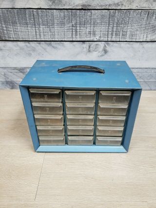 Vtg Akro Mils 15 Drawer Blue Metal Cabinet Storage Wall Organizer 10 X 8