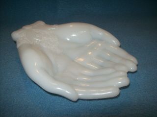 Vintage Avon Opaque White Milk Glass Open Hands Soap - Trinket Dish Jewelry Holder