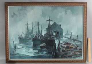 Large John Cuthbert Hare Gloucester Ma Maritime Fishing Boat Harbor Oil Painting