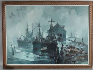 Large John Cuthbert Hare Gloucester MA Maritime Fishing Boat Harbor Oil Painting 2