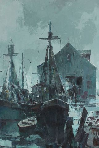Large John Cuthbert Hare Gloucester MA Maritime Fishing Boat Harbor Oil Painting 4