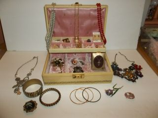 Vintage Mele Jewelry Box With Assorted Vintage Jewelry Hinged Lid