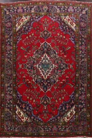 Vintage Geometric Red Tebriz Hand - Knotted Area Rug Living Room Wool 7x10 Carpet