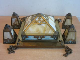 Antique Arts & Crafts Mission Stained Glass Brass Chandelier Fixture,  4 Pendants