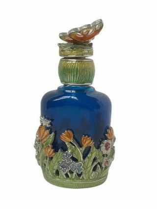 Vtg Mini Monet Perfume Bottle Metal & Blue Glass Butterfly & Flower Design Gift