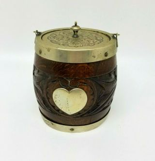 Antique Porcelain Lined Hand Carved Oak Tobacco Jar Humidor W Heart Shield