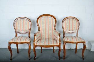 Set Of 3 1940’s Louis Xvi French Pecan Armchair And Two Side Chairs