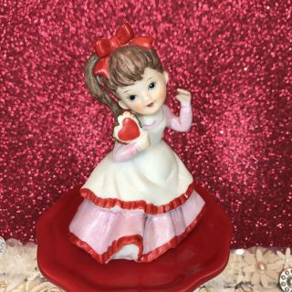 Vtg Lefton Valentine Girl In Pink Dress Holding Heart Ponytail Red Bow Figurine
