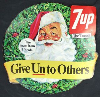 Vintage Christmas Diecut Santa 7up Advertising Sign 13 1/2 Inches Store Display