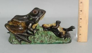 19thc Antique 1882 J & E Stevens Painted Cast Iron Mechanical 2 Frogs Bank,  Nr