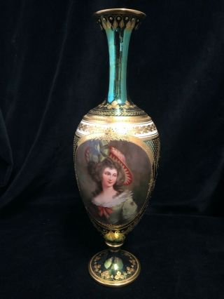 Green Lustre Vienna Hand Painted Vase " Lady Sheffield " Signed By Wagner
