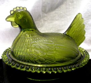 Vintage Olive Indiana Glass Beaded Chicken Hen On Nest Avocado Candy 7 "