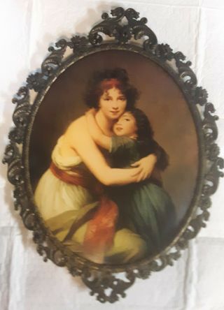 Lg.  Vintage Oval Print/picture Mother & Child.  Action Italy Ornate Metal Frame