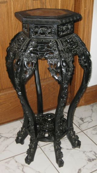 Antique 19 C.  Hand Carved Wood Oriental Marble Top Table Ca.  1890