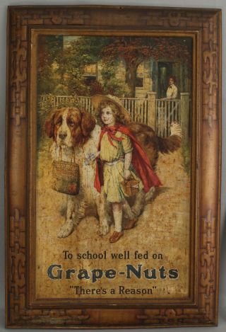 Antique Tin Lithograph GRAPE NUTS Cereal Advertising Sign w/ Saint Bernard Dog 2