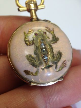 Adorable Antique 18K Gold Enamel Rose Cut Diamond Frog Pink Enamel Watch 3