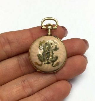 Adorable Antique 18K Gold Enamel Rose Cut Diamond Frog Pink Enamel Watch 5