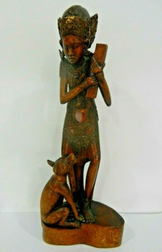 Vintage Antique Balinese Carved Wood Sculpture Statue Woman & Bali Dog Indonesia