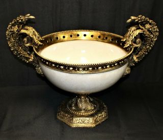 French 19th Century Gilt Bronze & Porcelain Lion Head Pedestal Centerpiece Bowl