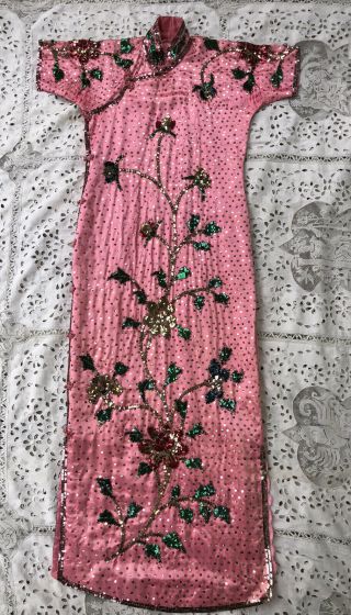 Fine Vintage Floral Sequined & Beaded Pink Silk Satin Cheongsam Qipao Shanghai