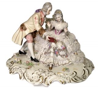 Antique Capodimonte Group Man Woman Dresden Lace Large Hand Marked/signed