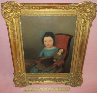 Antique 19th C Oil On Canvas Portrait Painting Young Girl Child Doll 1841 Signed