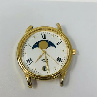 Vintage Timex Men Gold Tone Moon Phase Analog Quartz Watch W028