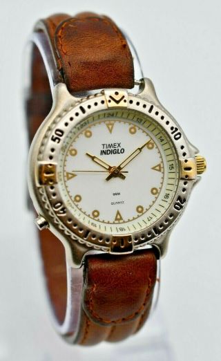 Vintage 1994 Unisex Timex Diver Style Two - Tone Watch,  Brown Band,  Indiglo,  Runs
