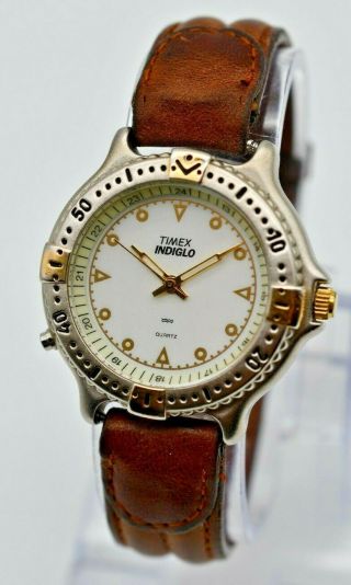 Vintage 1994 Unisex TIMEX Diver Style Two - Tone Watch,  Brown Band,  Indiglo,  Runs 2