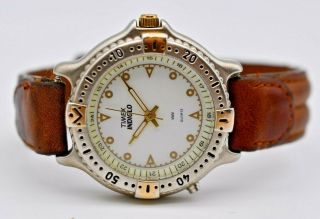 Vintage 1994 Unisex TIMEX Diver Style Two - Tone Watch,  Brown Band,  Indiglo,  Runs 3