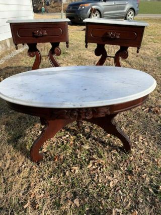 Antique Lyre Harp Rose Carved Italian Marble Top Coffee Table & 2 End Tables