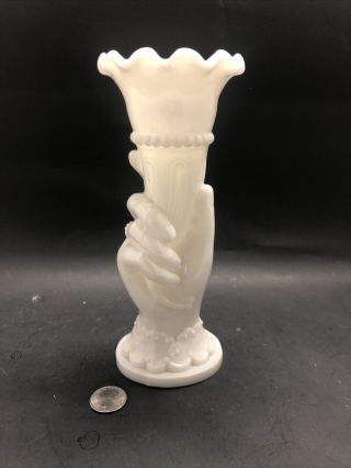 Vintage Milk Glass Hand Holding A Fluted Vase 8” Ornate Design