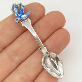 925 Sterling Silver Vintage Blue Enamel Swallow Bird Spoon Pin Brooch