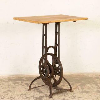 Vintage Industrial Tall Side Table With Cast Iron Gear Base