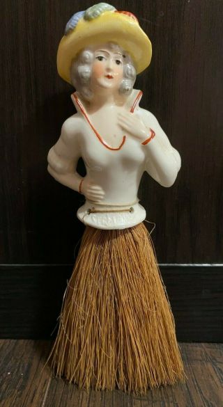 Antique Porcelain Half Doll Whisk Broom Flapper Lint Brush Germany Vintage 1920s