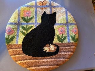 Vintage Set Of 3 Cat Flower Hand Crafted Round Hook Rug Seat Chair Pad 14 " Wool