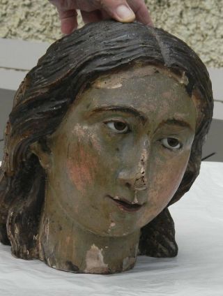 Antique - Wooden Sculpture - Head Of Virgin Mary - With Glass Eyes - Circa 19th