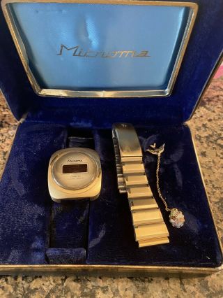 Vtg 1970s Microma Quartz Solid State Lcd Men Wrist Watch & Box Gold Tone -