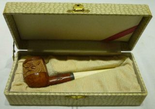 Vintage Carved Briar Smoking Pipe With A Sterling Band & Storage Case.