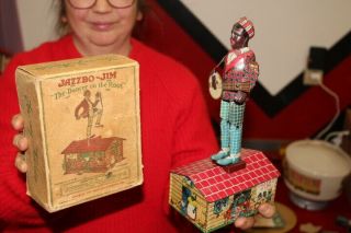 Antique Vintage Unique Art Jazzbo Jim Black Americana Wind Up Metal Toy Work Box