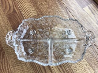 Vintage Etched Floral Design Oval Divided Relish Dish With Handles And Feet